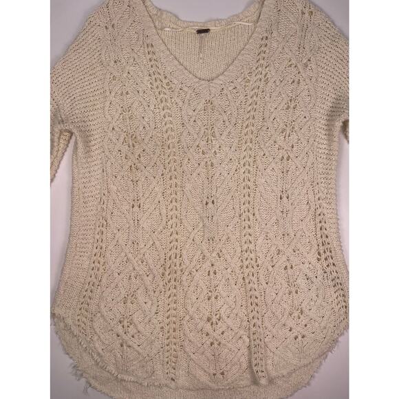 Free People Oversized Ivory Knit Sweater Slouchy V Neck, 100% Cotton - Picture 8 of 11